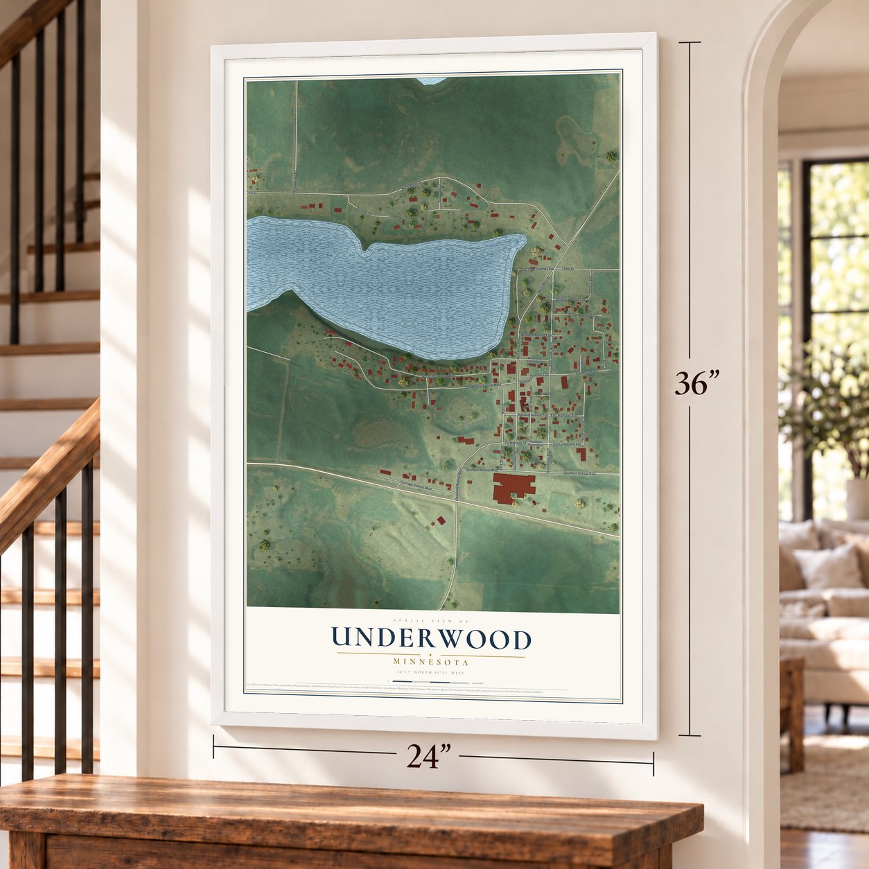 Underwood, Minnesota map, 24 x 36 inch print in a white frame by a staircase