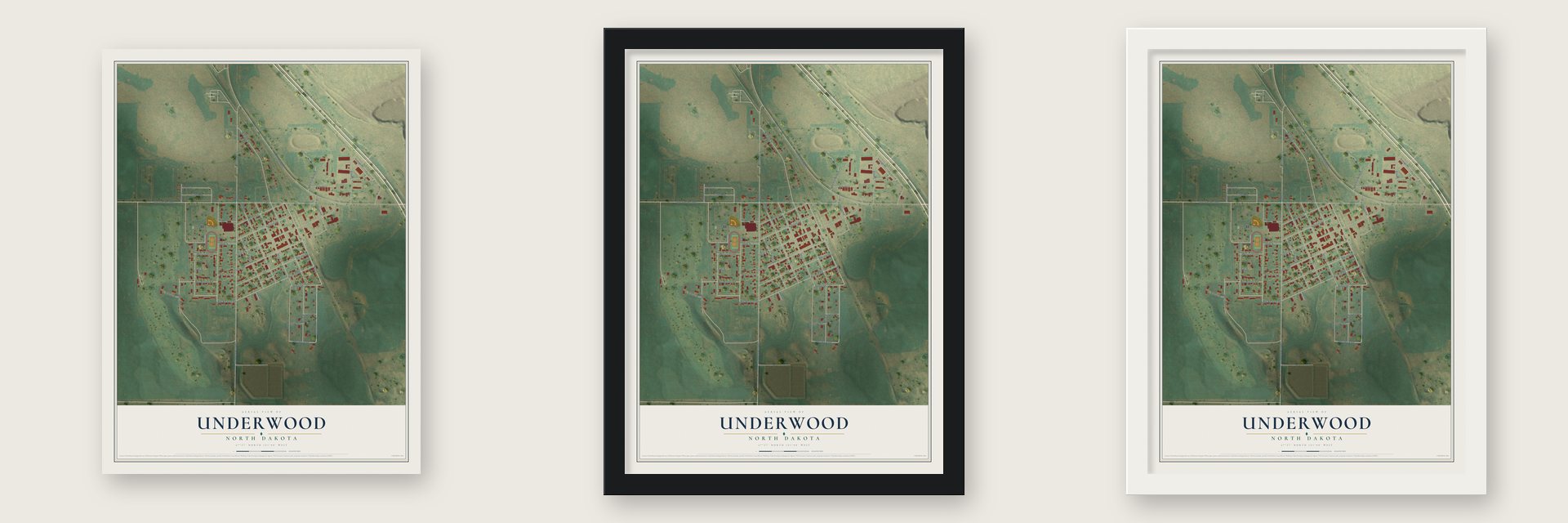 Underwood, North Dakota map unframed, in a black wood frame and in a white wood frame