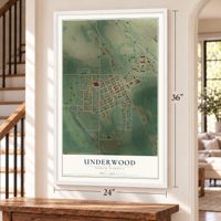 Underwood, North Dakota map, 24 x 36 inch print in a white frame by a staircase