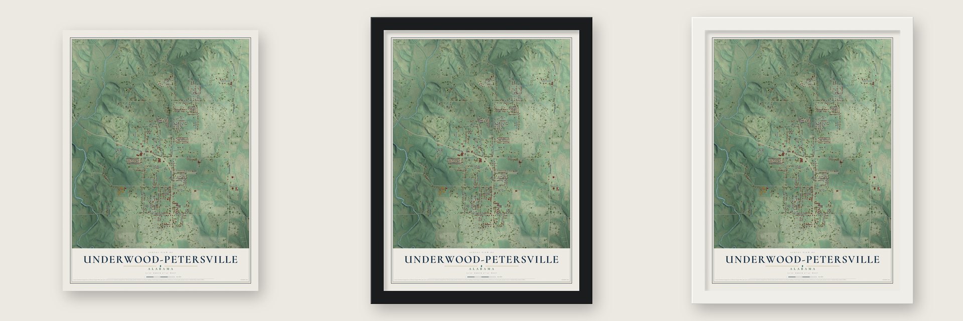 Underwood-Petersville, Alabama map unframed, in a black wood frame and in a white wood frame