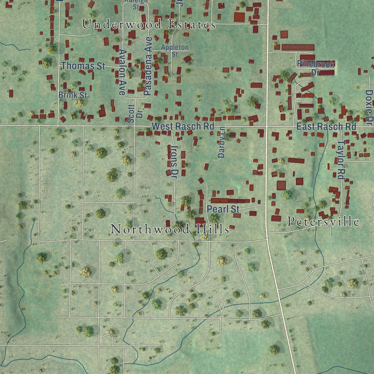 Second close-up of the map of Underwood-Petersville, Alabama print showing more streets and buildings