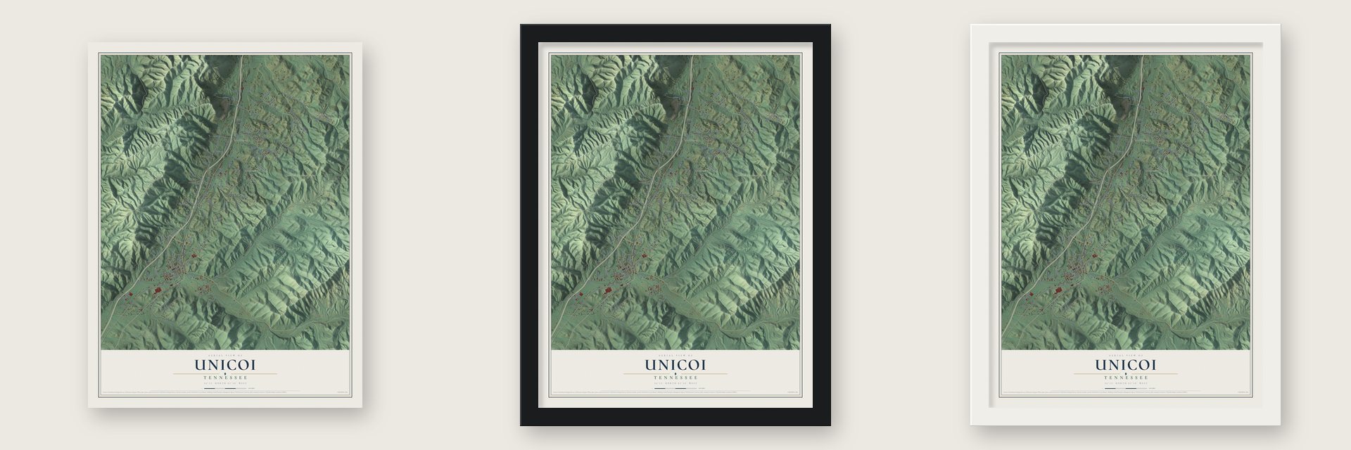 Unicoi, Tennessee map unframed, in a black wood frame and in a white wood frame