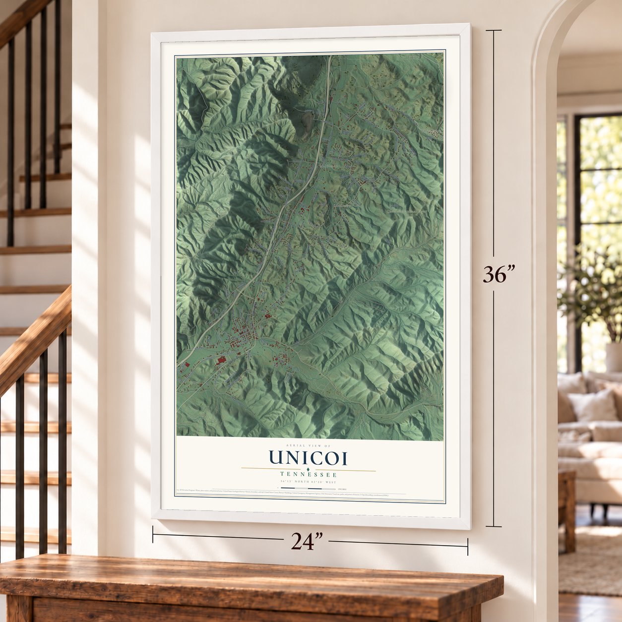 Unicoi, Tennessee map, 24 x 36 inch print in a white frame by a staircase
