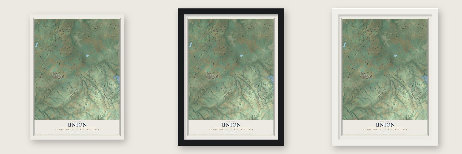 Union, Adams County, Pennsylvania map unframed, in a black wood frame and in a white wood frame
