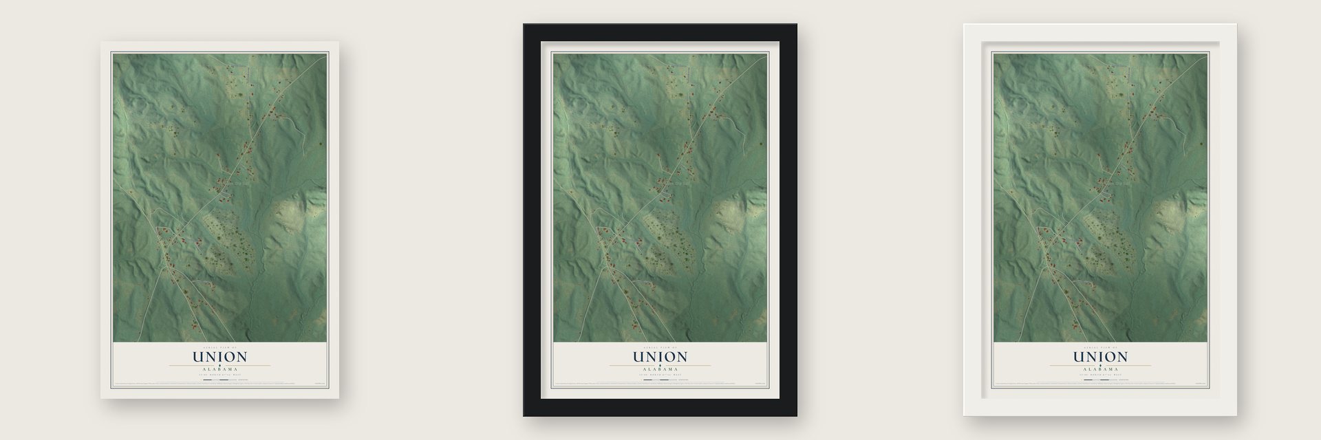 Union, Alabama map unframed, in a black wood frame and in a white wood frame