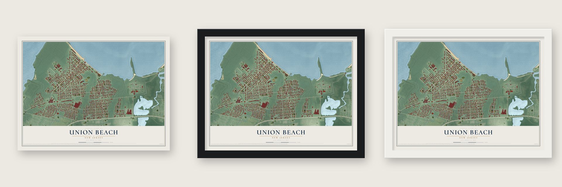 Union Beach, New Jersey map unframed, in a black wood frame and in a white wood frame