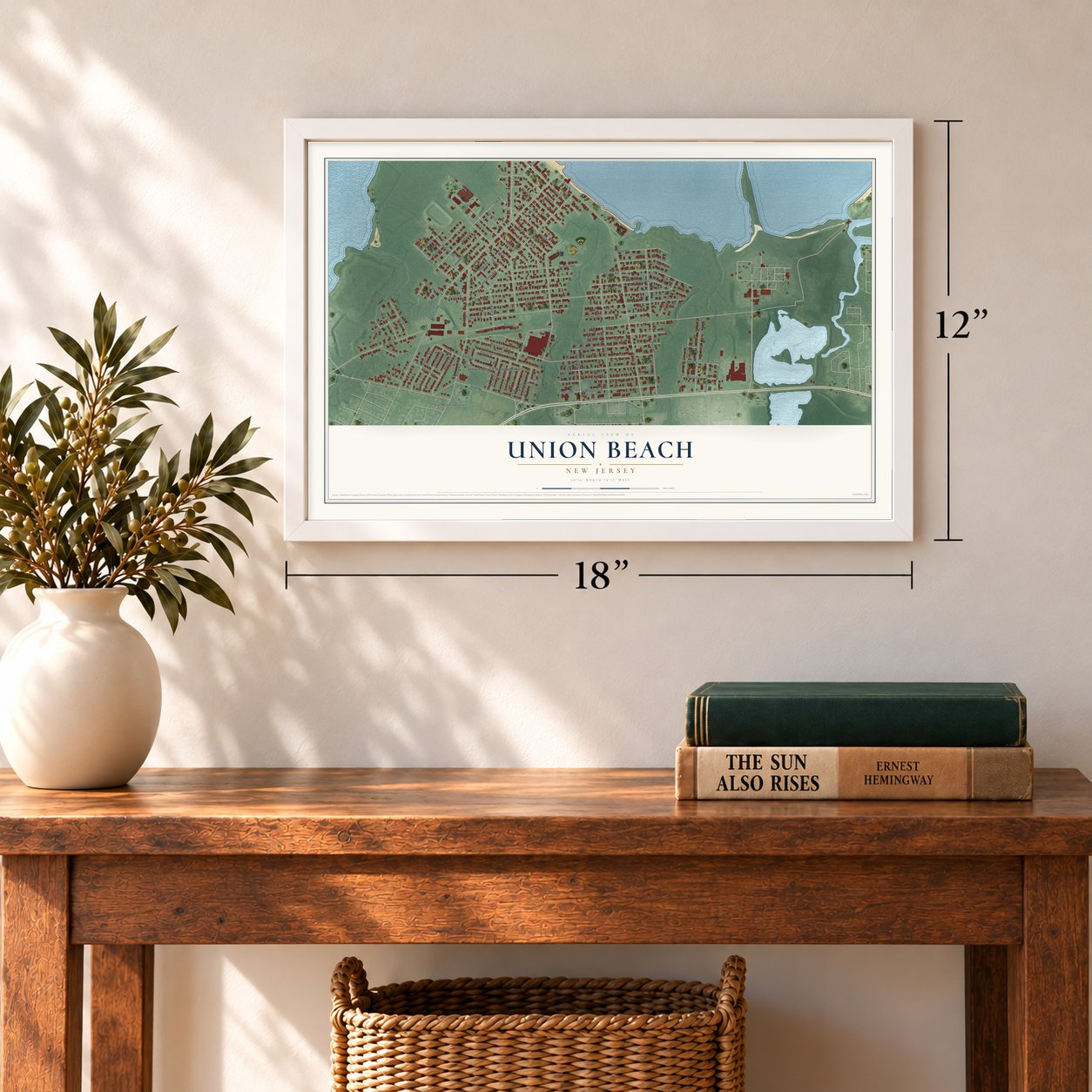 Union Beach, New Jersey map, 12 x 18 inch print in a white frame in an entryway