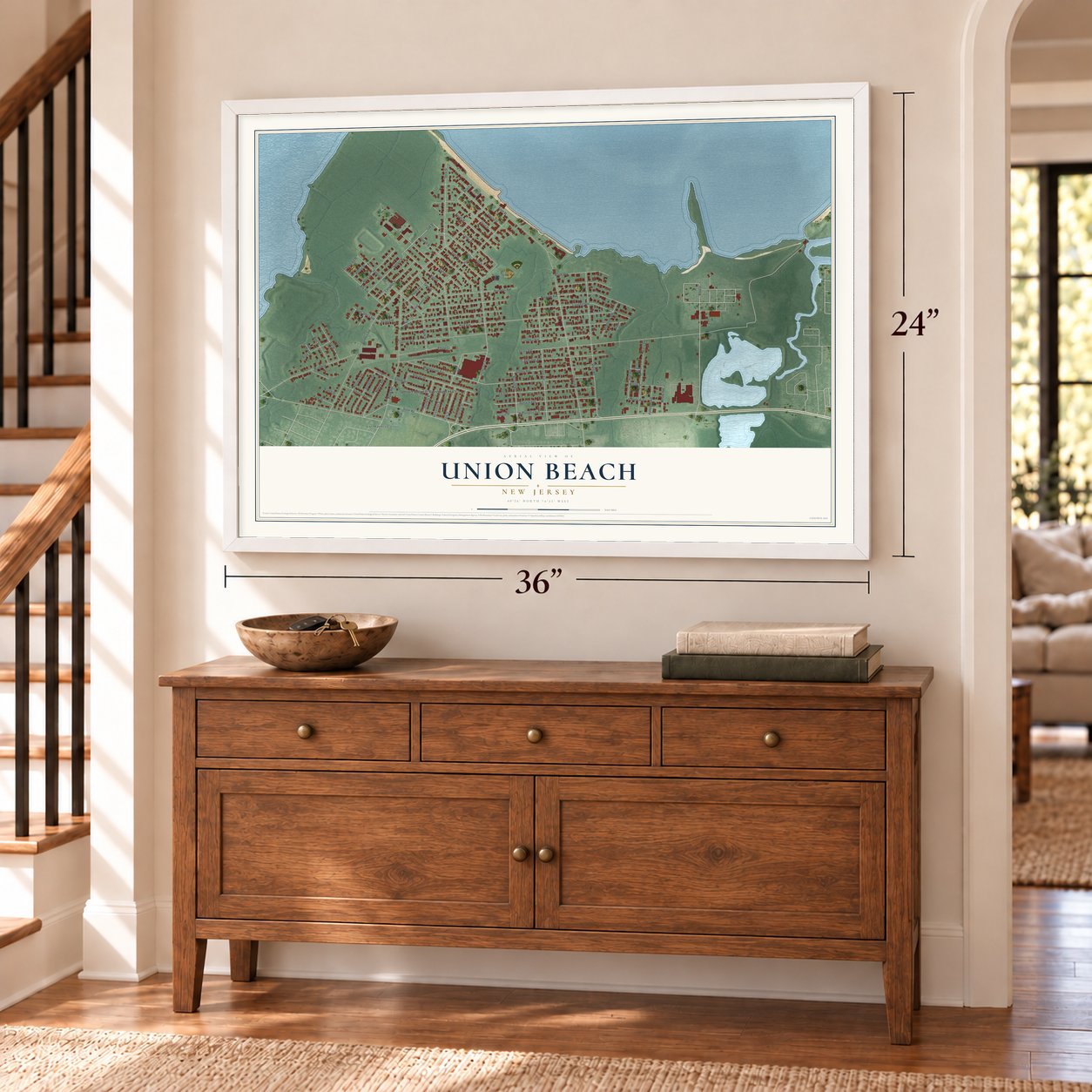 Union Beach, New Jersey map, 24 x 36 inch print in a white frame above a dresser by a staircase