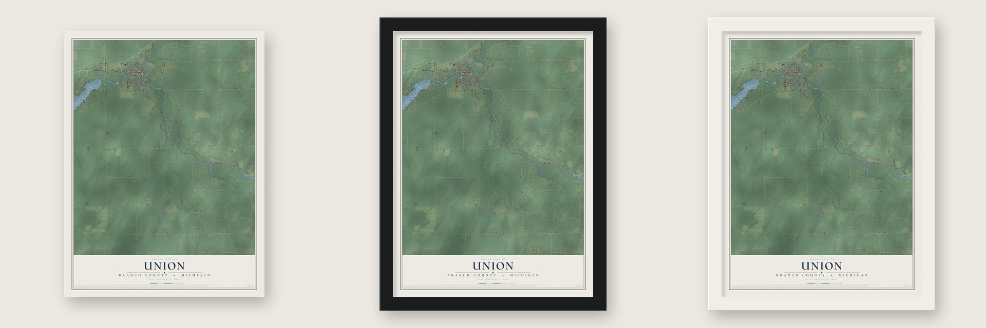Union, Branch County, Michigan map unframed, in a black wood frame and in a white wood frame