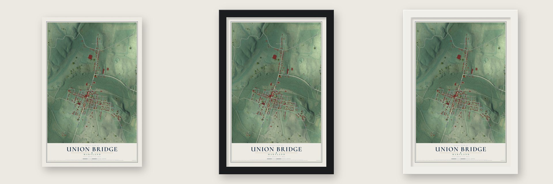 Union Bridge, Maryland map unframed, in a black wood frame and in a white wood frame