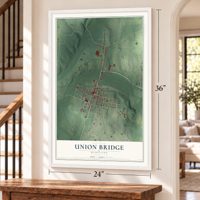 Union Bridge, Maryland map, 24 x 36 inch print in a white frame by a staircase