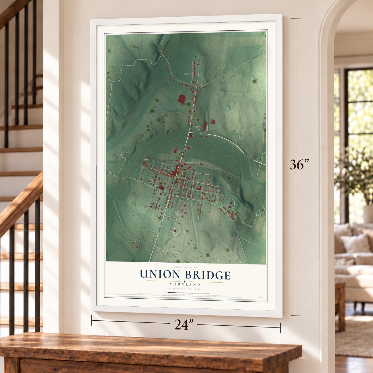 Union Bridge, Maryland map, 24 x 36 inch print in a white frame by a staircase