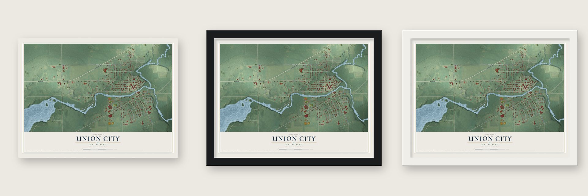 Union City, Michigan map unframed, in a black wood frame and in a white wood frame