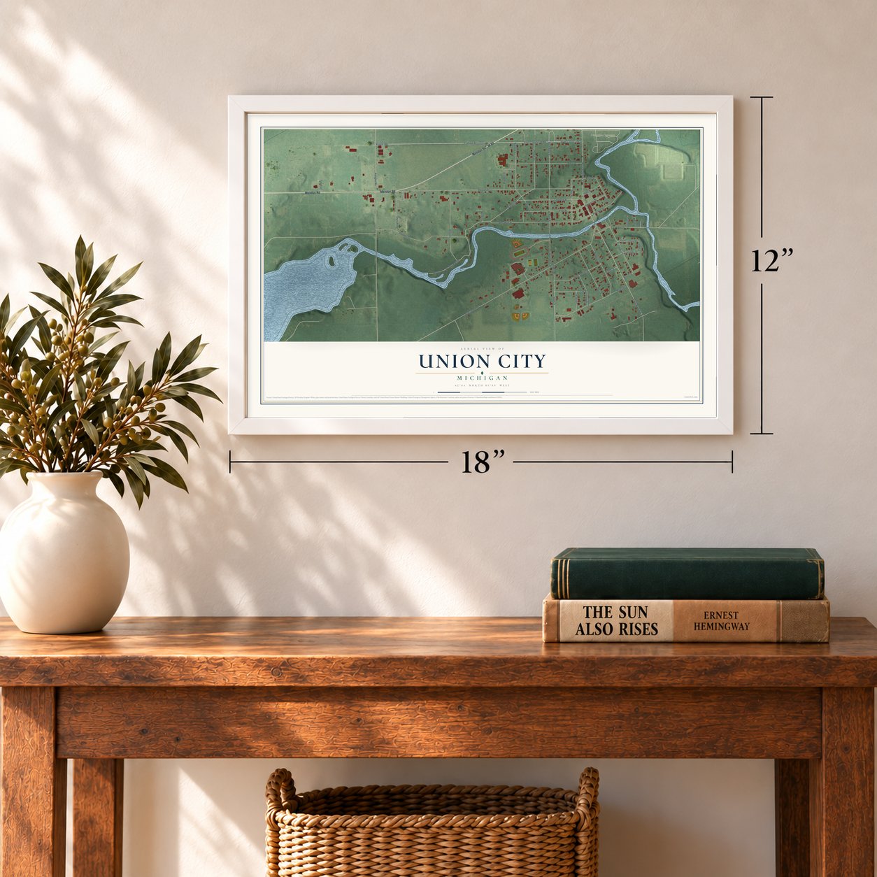 Union City, Michigan map, 12 x 18 inch print in a white frame in an entryway