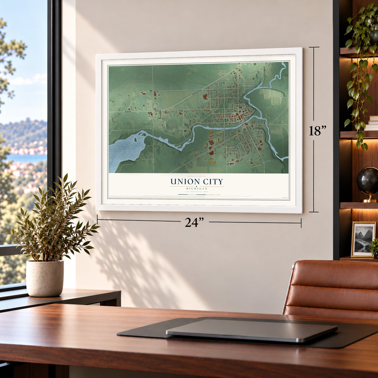 Union City, Michigan map, 18 x 24 inch print in a white frame in a home office