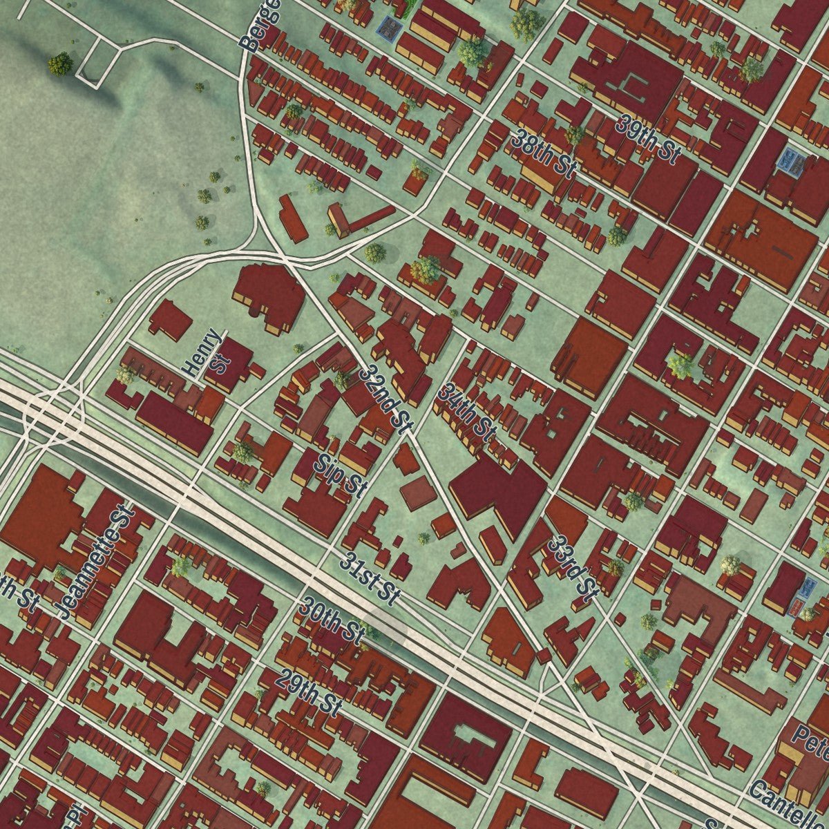 Second close-up of the map of Union City, New Jersey print showing more streets and buildings