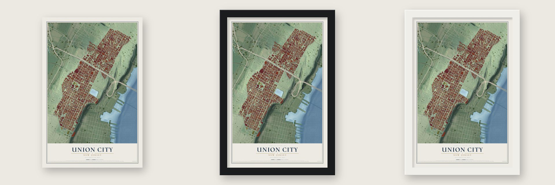 Union City, New Jersey map unframed, in a black wood frame and in a white wood frame