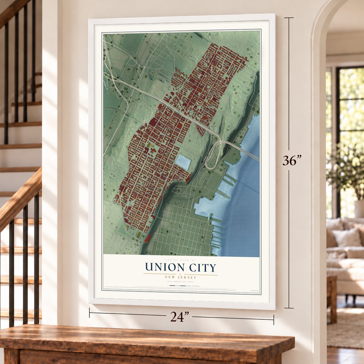 Union City, New Jersey map, 24 x 36 inch print in a white frame by a staircase