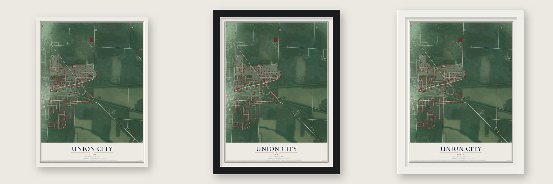 Union City, Ohio map unframed, in a black wood frame and in a white wood frame