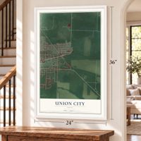 Union City, Ohio map, 24 x 36 inch print in a white frame by a staircase
