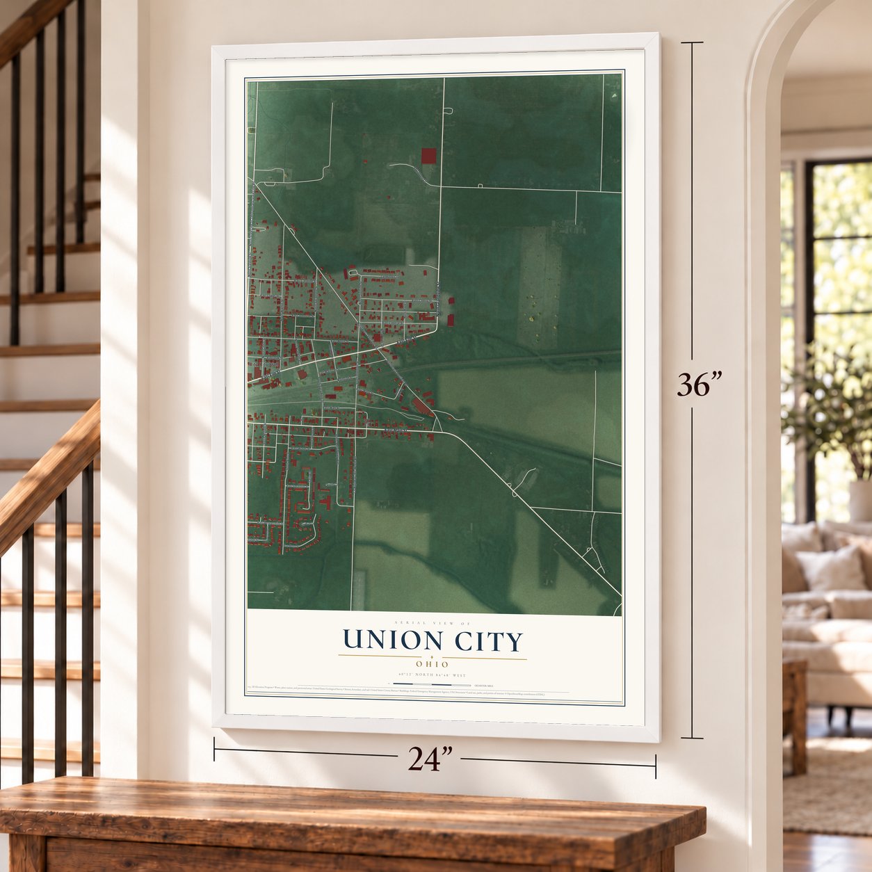 Union City, Ohio map, 24 x 36 inch print in a white frame by a staircase