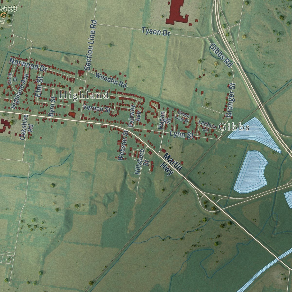 Second close-up of the map of Union City, Tennessee print showing more streets and buildings