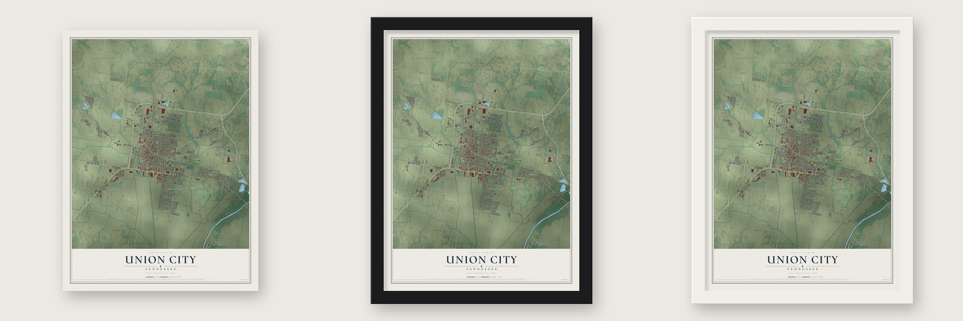 Union City, Tennessee map unframed, in a black wood frame and in a white wood frame