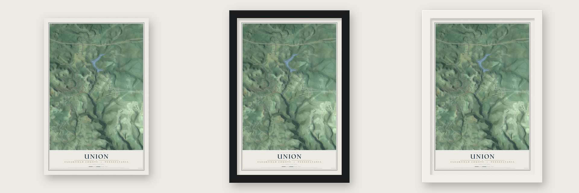 Union, Clearfield County, Pennsylvania map unframed, in a black wood frame and in a white wood frame