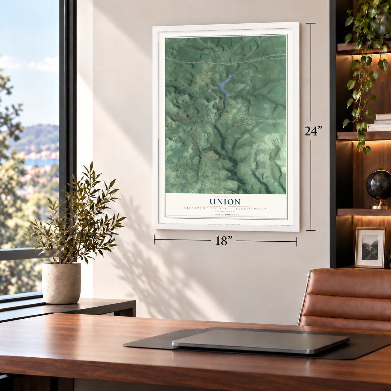 Union, Clearfield County, Pennsylvania map, 18 x 24 inch print in a white frame in a home office