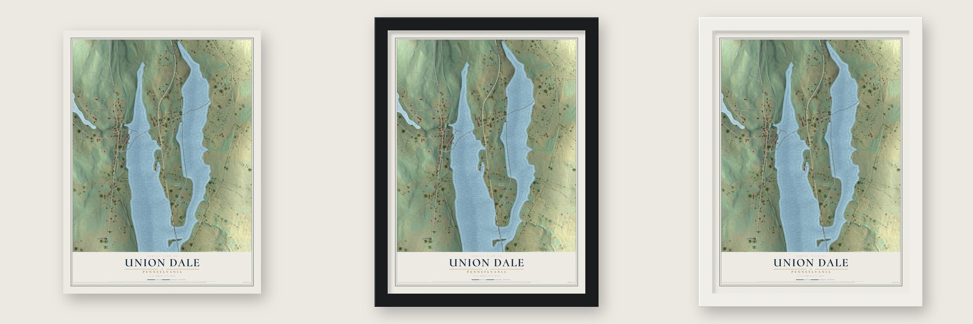Union Dale, Pennsylvania map unframed, in a black wood frame and in a white wood frame