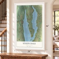 Union Dale, Pennsylvania map, 24 x 36 inch print in a white frame by a staircase