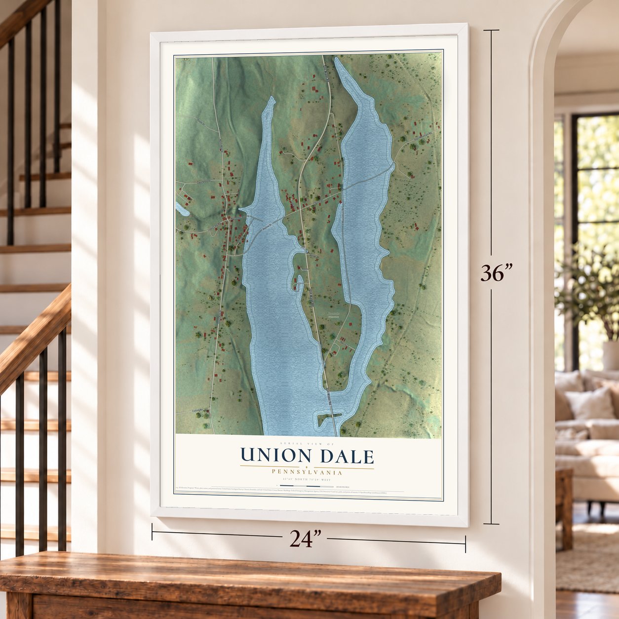 Union Dale, Pennsylvania map, 24 x 36 inch print in a white frame by a staircase