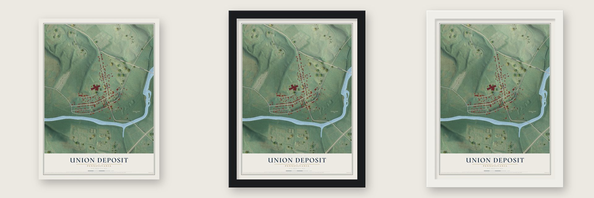 Union Deposit, Pennsylvania map unframed, in a black wood frame and in a white wood frame