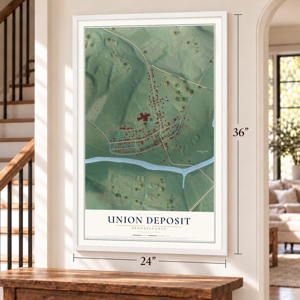 Union Deposit, Pennsylvania map, 24 x 36 inch print in a white frame by a staircase