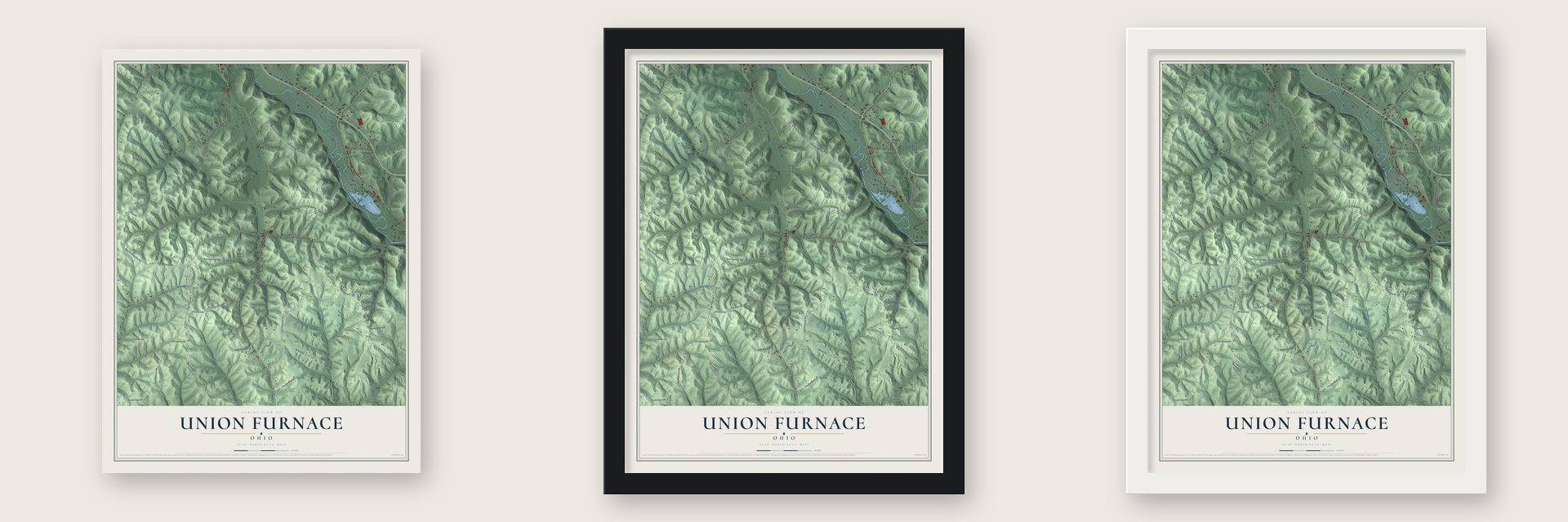 Union Furnace, Ohio map unframed, in a black wood frame and in a white wood frame