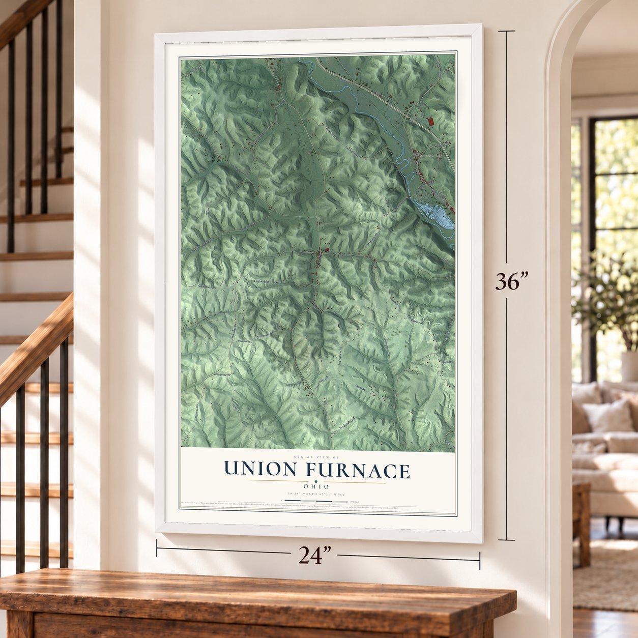 Union Furnace, Ohio map, 24 x 36 inch print in a white frame by a staircase