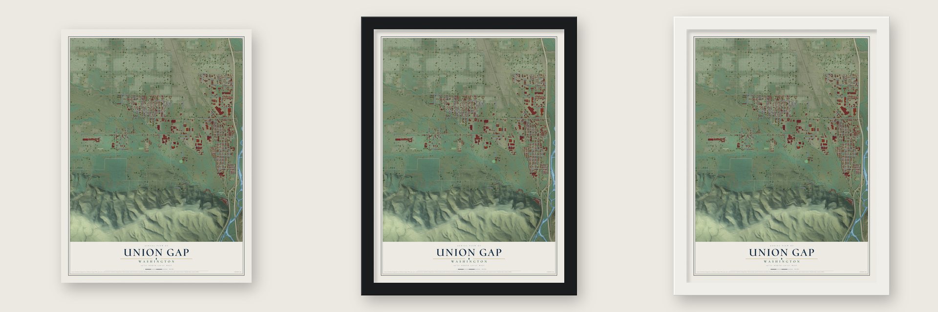Union Gap, Washington map unframed, in a black wood frame and in a white wood frame