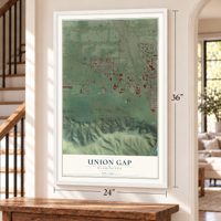 Union Gap, Washington map, 24 x 36 inch print in a white frame by a staircase