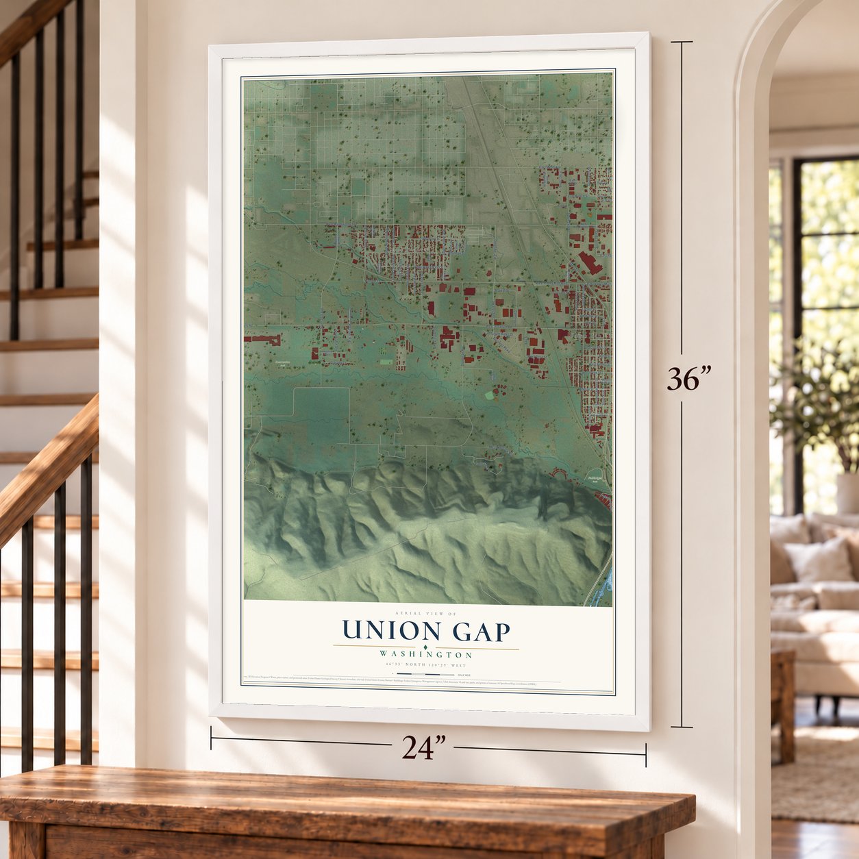 Union Gap, Washington map, 24 x 36 inch print in a white frame by a staircase