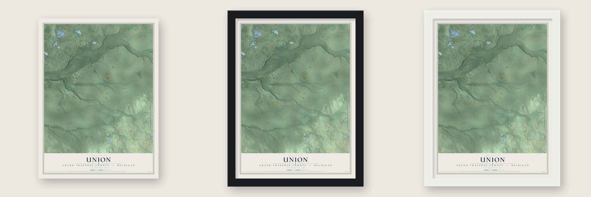 Union, Grand Traverse County, Michigan map unframed, in a black wood frame and in a white wood frame