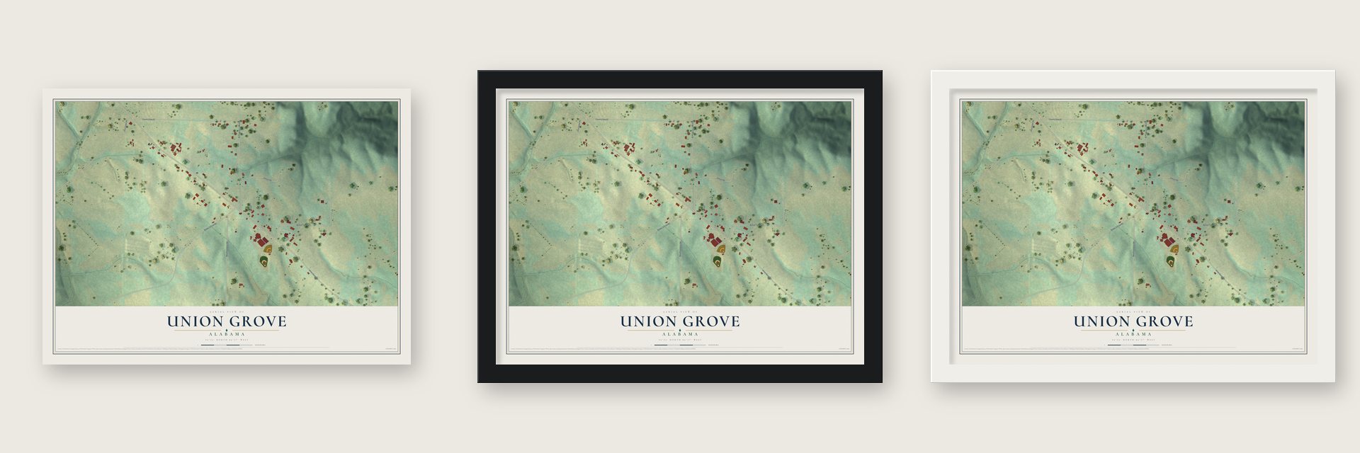 Union Grove, Alabama map unframed, in a black wood frame and in a white wood frame