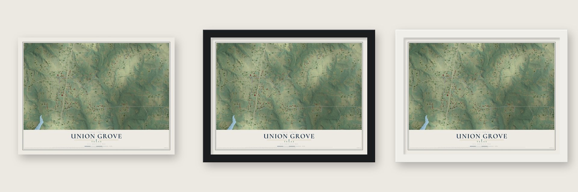 Union Grove, Texas map unframed, in a black wood frame and in a white wood frame