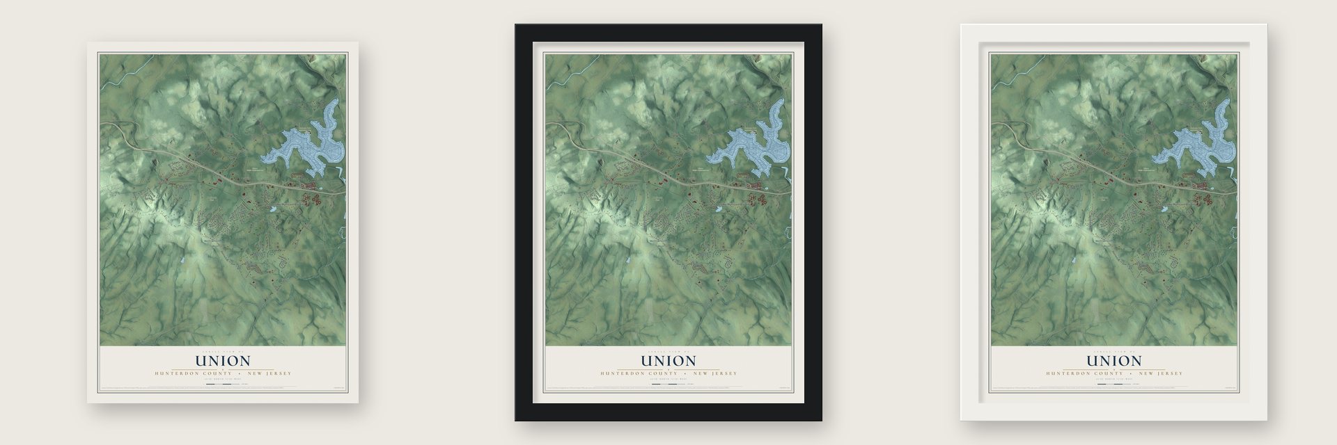 Union, Hunterdon County, New Jersey map unframed, in a black wood frame and in a white wood frame