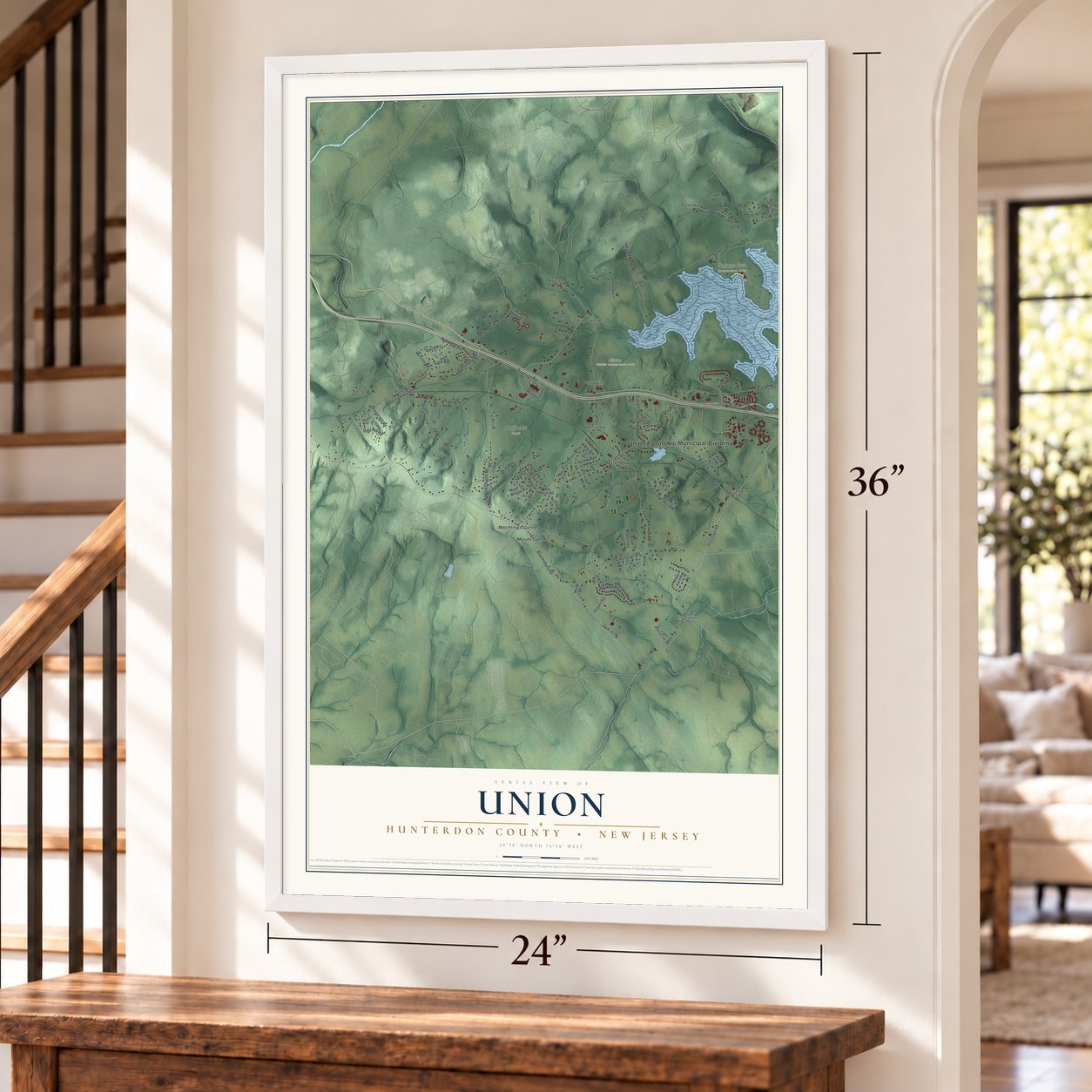 Union, Hunterdon County, New Jersey map, 24 x 36 inch print in a white frame by a staircase
