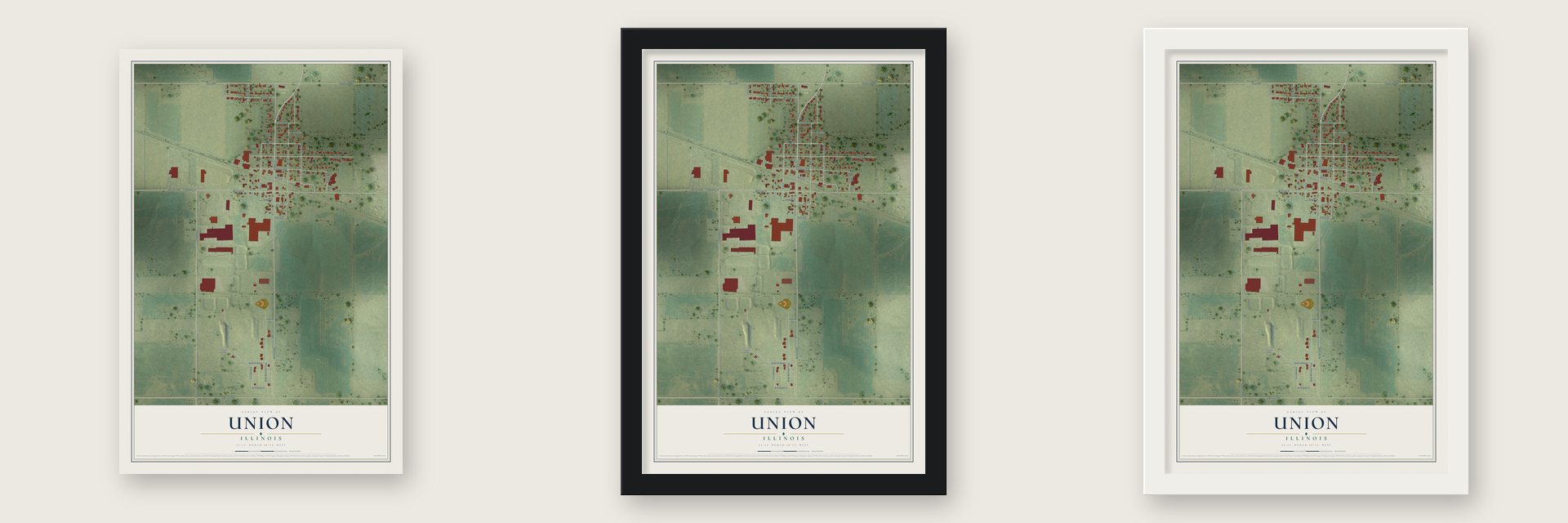 Union, Illinois map unframed, in a black wood frame and in a white wood frame