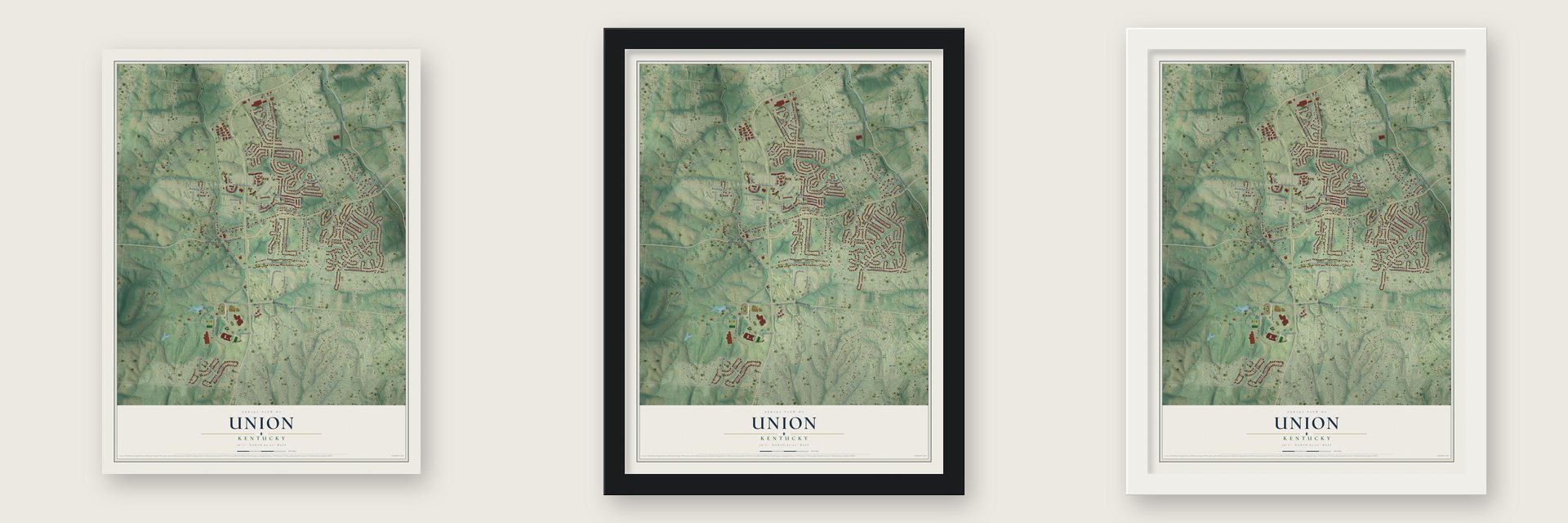 Union, Kentucky map unframed, in a black wood frame and in a white wood frame