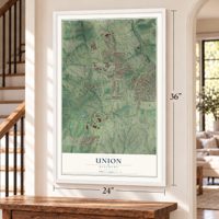 Union, Kentucky map, 24 x 36 inch print in a white frame by a staircase