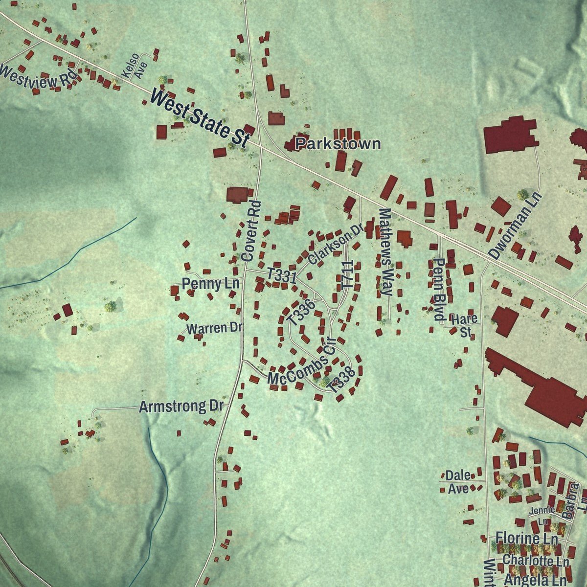 Second close-up of the map of Union, Lawrence County, Pennsylvania print showing more streets and buildings