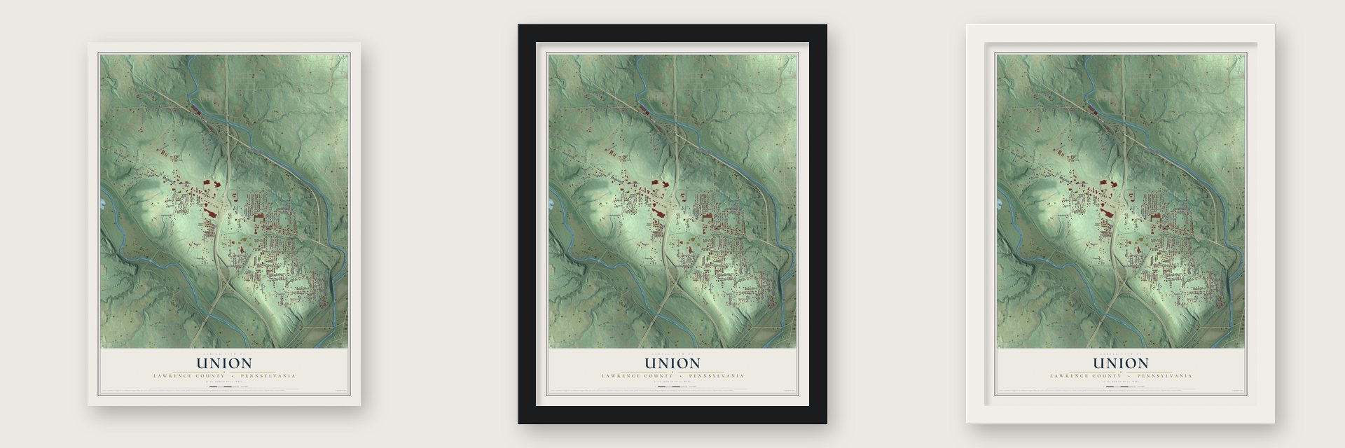 Union, Lawrence County, Pennsylvania map unframed, in a black wood frame and in a white wood frame