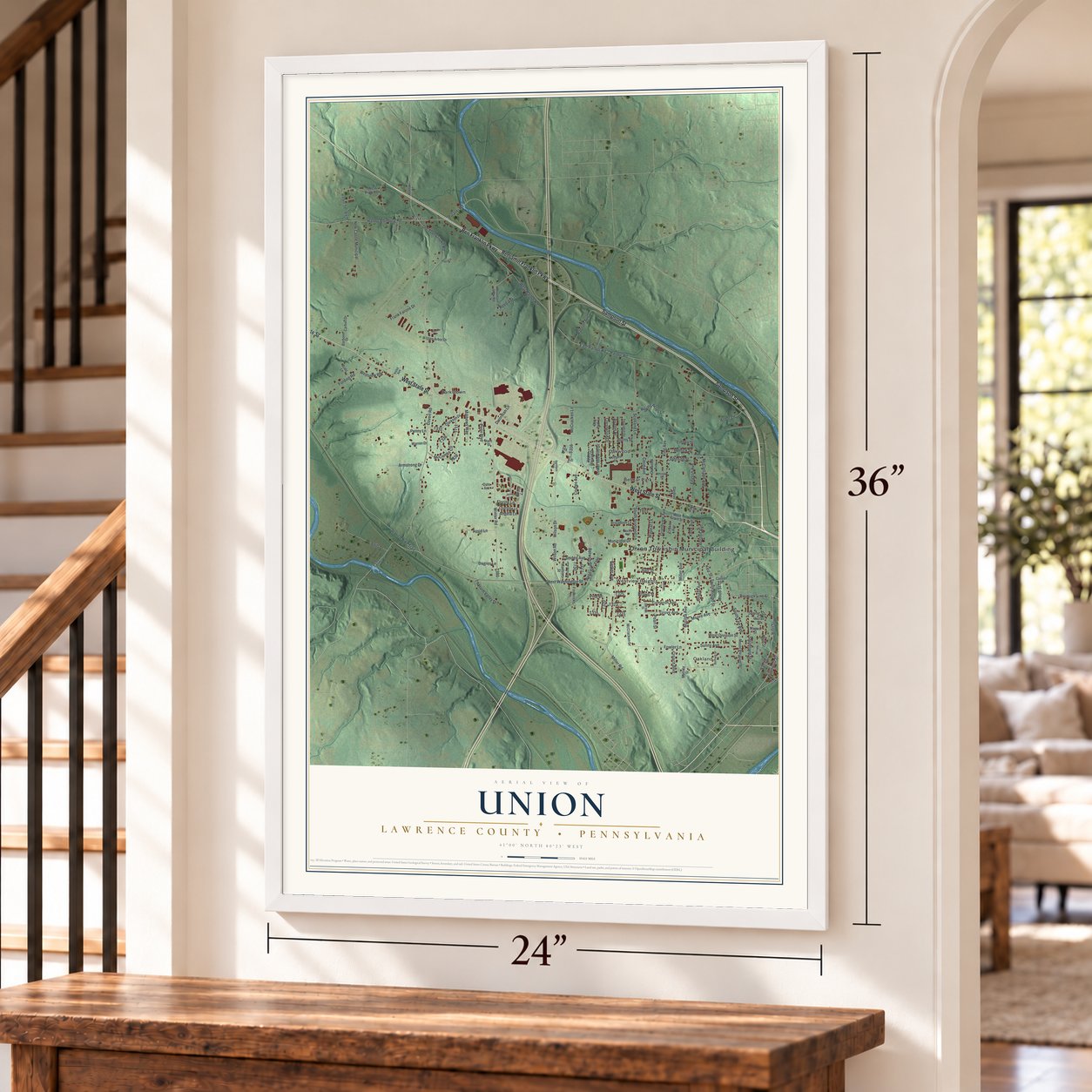 Union, Lawrence County, Pennsylvania map, 24 x 36 inch print in a white frame by a staircase